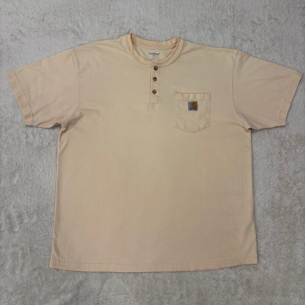 Carhartt Mens XL Light Yellow Henley Pocket T Shirt Short Sleeve Cotton Workwear